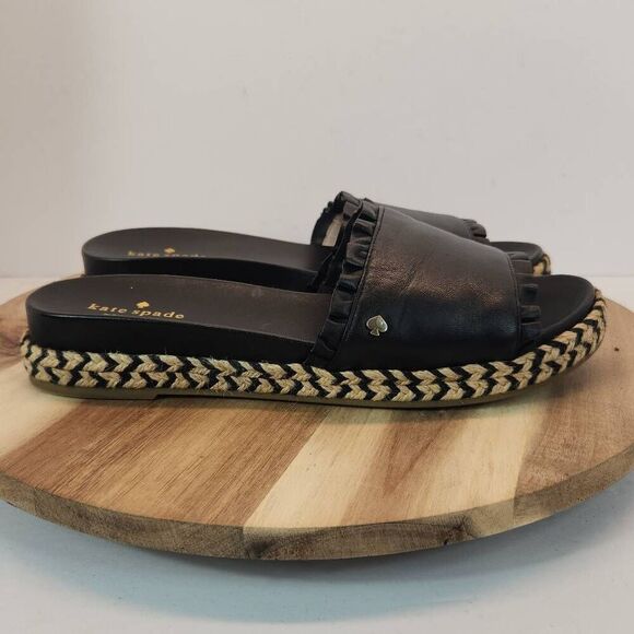 Kate Spade Zahara Black Leather Braided Flat Espadrille Sandals Slides Women's S - Picture 2 of 11
